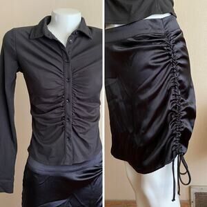 Adika Medium Black Outfit Long Sleeve Top Short Mini Skirt Silky Ruffled Gather